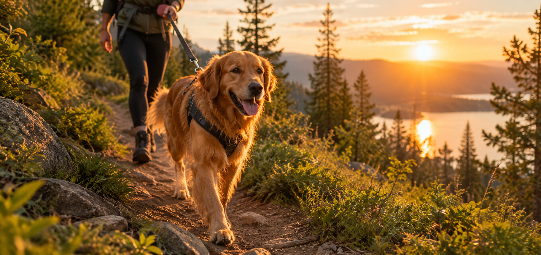 Golden retriever hiking outdoors