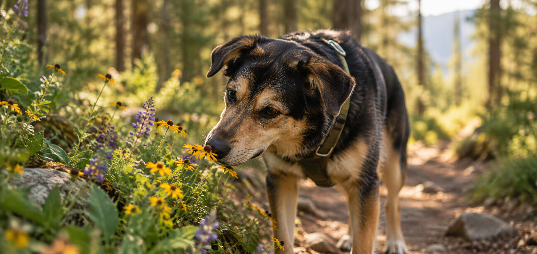 Dog sniffing flowers beside a trail